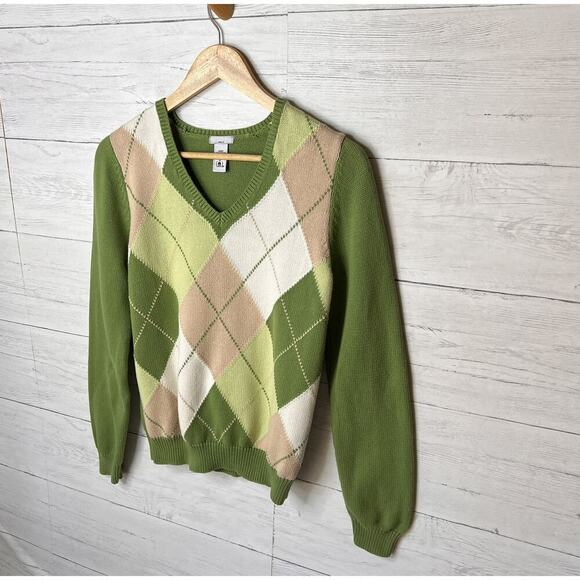 Izod Golf Sweater Womens Size Small Pink Beige & Green Argyle V Neck 100% Cotton - Picture 4 of 16
